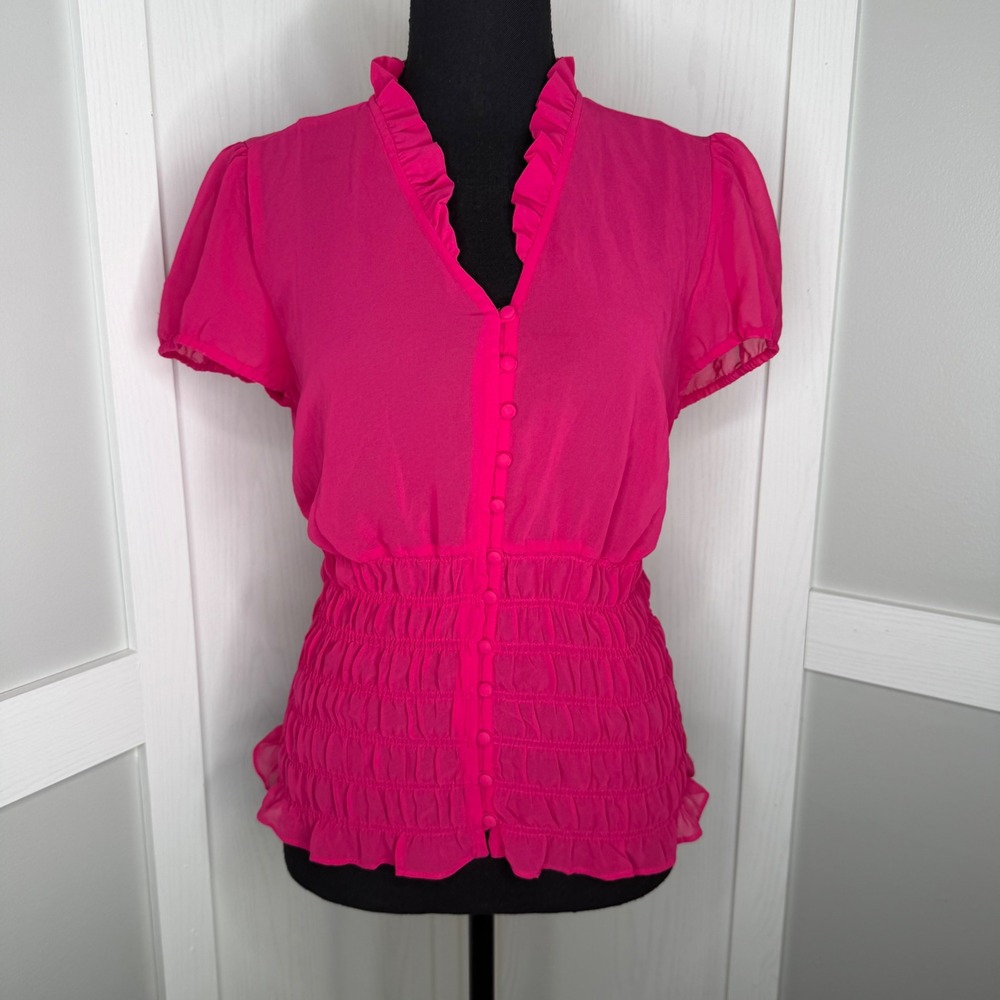 Worthington Blouse Women Med Pink Sheer Smocked Waist Ruffle V-Neck Button Front